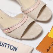 LV 26S HIGH HEELED MULES 55MM IN BEIGE EMBROIDERED MONOGRAM CANVAS