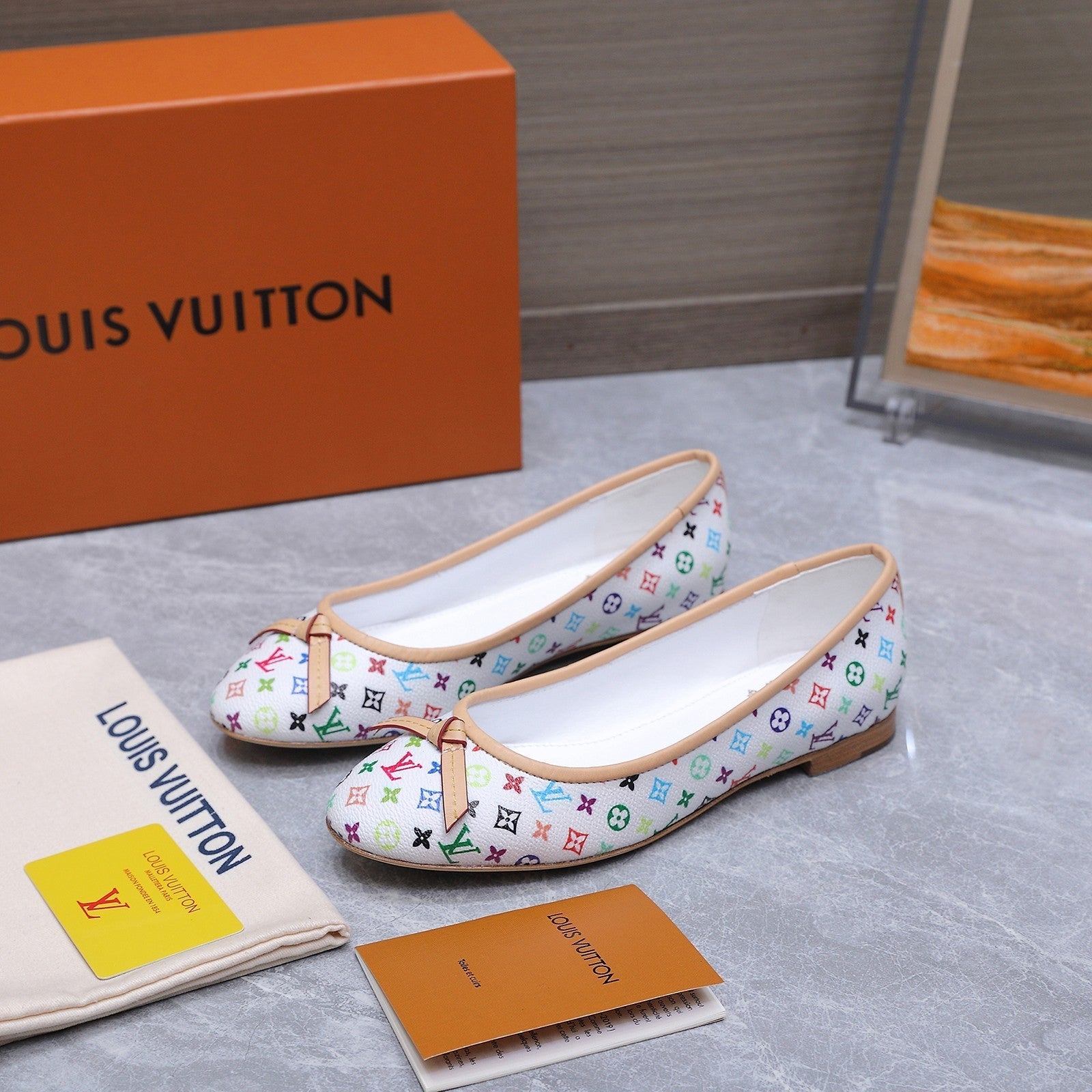 LV 26S BALLET FLATS IN WHITE MULTICOLOR MONOGRAM CALFSKIN WITH BOW