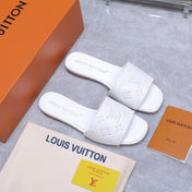 LV 26S FLAT SLIDE SANDALS IN WHITE CALFSKIN EMBOSSED MONOGRAM LOGO
