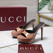 GUCCI 26S HEELED SLIDE SANDALS 120MM IN NUDE PINK PATENT CALFSKIN
