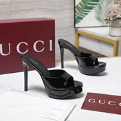 GUCCI 26S HEELED SLIDE SANDALS 120MM IN BLACK PATENT CALFSKIN