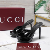 GUCCI 26S HEELED SLIDE SANDALS 120MM IN BLACK PATENT CALFSKIN
