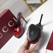 GUCCI 26S HEELED SLIDE SANDALS 120MM IN DARK RED CROCODILE EMBOSSED PATENT CALFSKIN