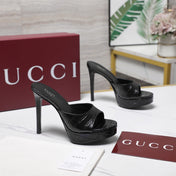 GUCCI 26S HEELED SLIDE SANDALS 120MM IN BLACK CROCODILE EMBOSSED PATENT CALFSKIN