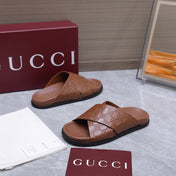 GUCCI 26S CROSSOVER SANDALS IN CARAMEL BROWN GG EMBOSSED CALFSKIN