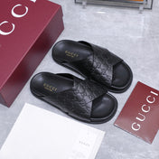 GUCCI 26S CROSSOVER SANDALS IN BLACK GG EMBOSSED CALFSKIN