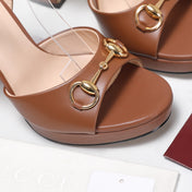 GUCCI 26S HORSEBIT ANKLE STRAP PLATFORM HEELS 115MM IN CARAMEL BROWN CALFSKIN