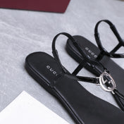GUCCI 26S INTERLOCKING G THONG SANDALS IN BLACK CALFSKIN