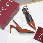 GUCCI 26S HEEL POINTED TOE SLINGBACK PUMPS 75MM IN COGNAC BROWN CALFSKIN