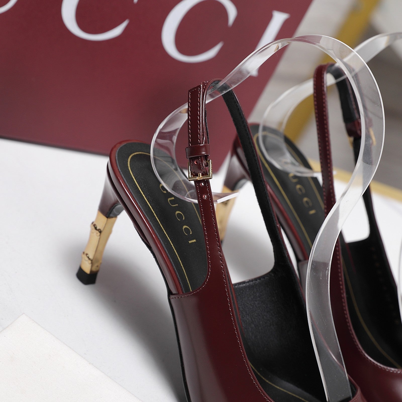 GUCCI 26S HEEL POINTED TOE SLINGBACK PUMPS 75MM IN BURGUNDY RED CALFSKIN