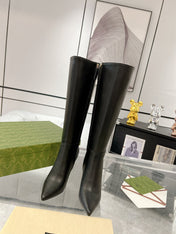 GG KNEE BOOTS IN BLACK CALFSKIN WITH GOLD PLATED HEEL