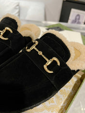 HORSEBIT MULE IN BLACK SUEDE AND FLEECE LINING
