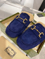 HORSEBIT MULE IN ROYAL BLUE SUEDE AND FLEECE LINING