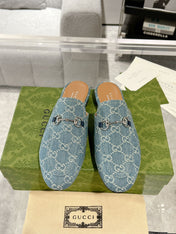 MEN'S MULE WITH HORSEBIT IN SAPHIRE BLUE MONOGRAM JACQUARD FABRIC