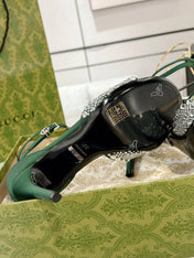 GG CRYSTAL ASTLETON GREEN HIGH HEEL SANDALS SATIN