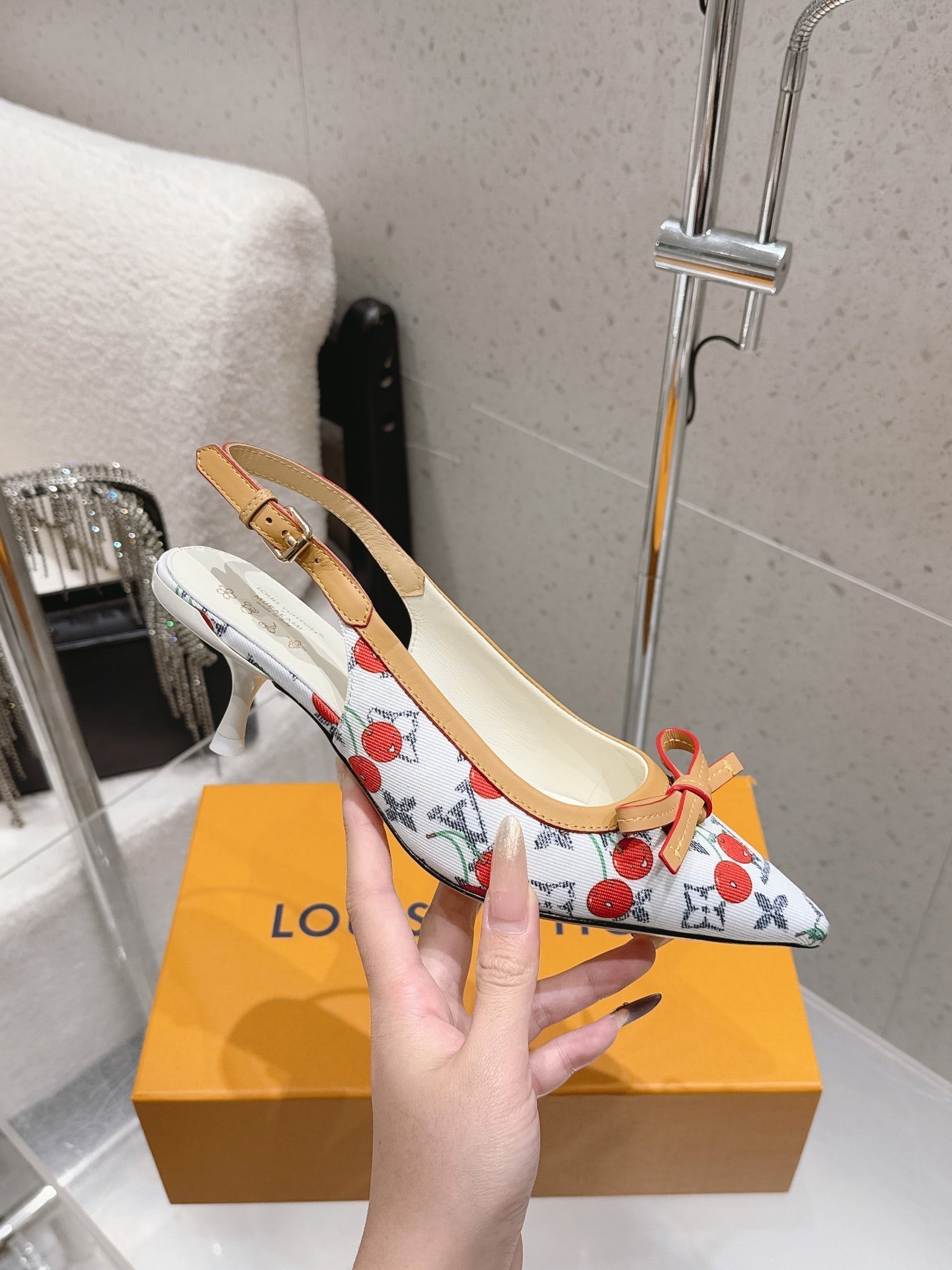 LV 26S SLINGBACK PUMPS IN WHITE MONOGRAM CANVAS WITH CHERRY PRINT AND CALFSKIN BOW