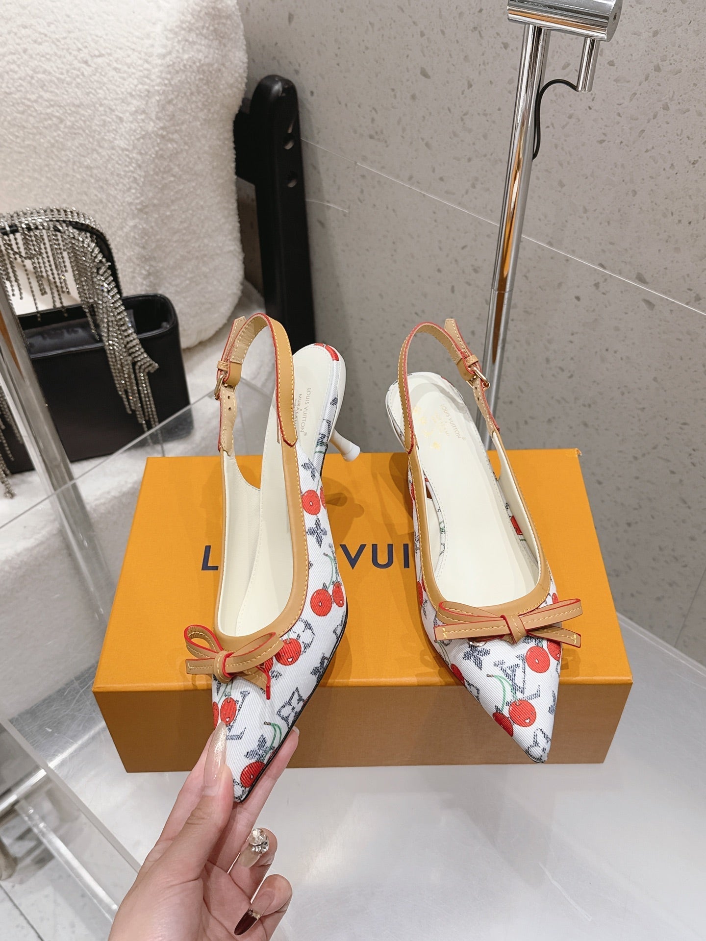 LV 26S SLINGBACK PUMPS IN WHITE MONOGRAM CANVAS WITH CHERRY PRINT AND CALFSKIN BOW