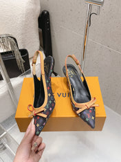 LV 26S SLINGBACK PUMPS IN BLACK MULTICOLOR MONOGRAM CANVAS WITH CALFSKIN BOW