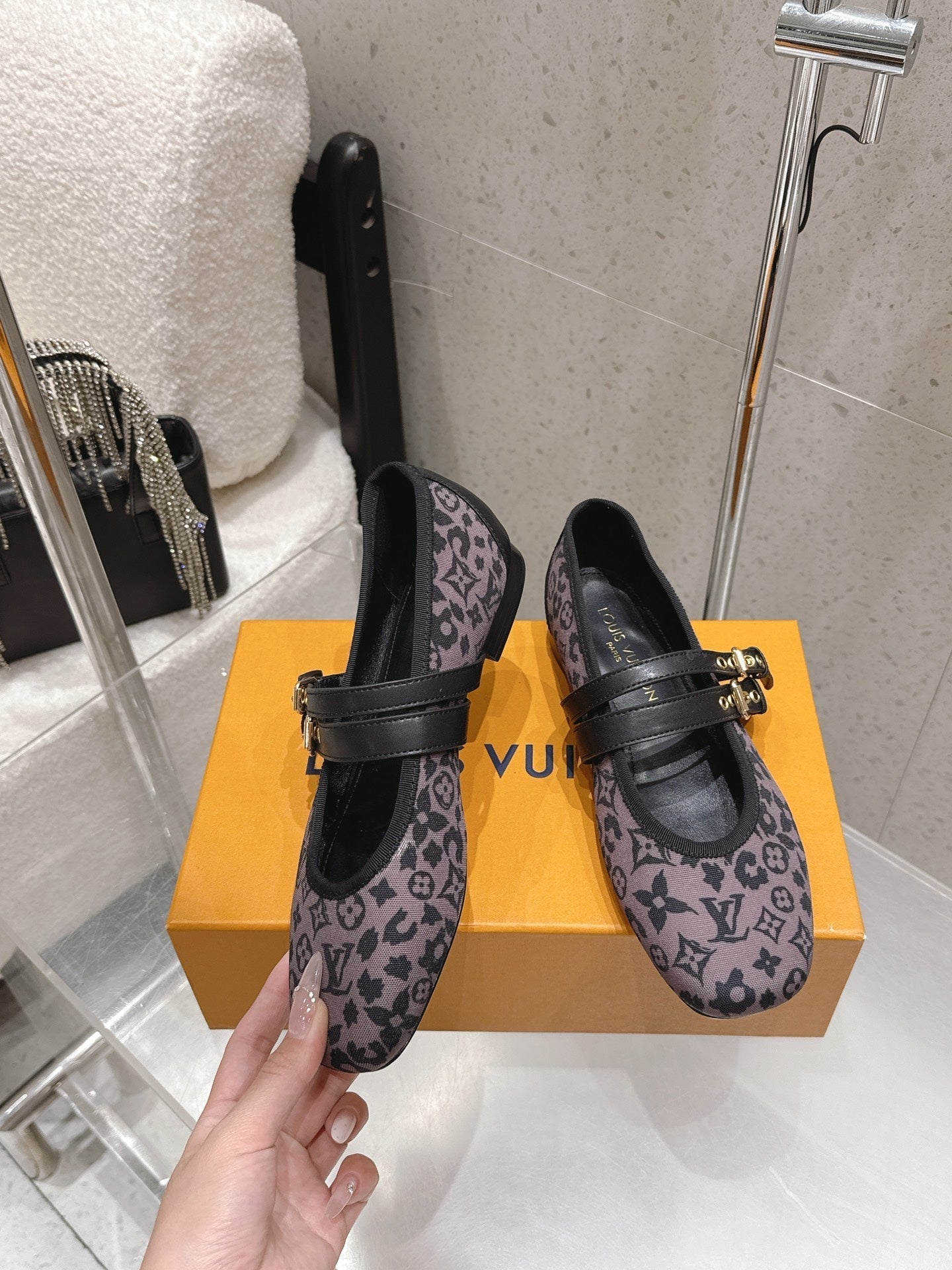 LV 26S MARY JANE FLATS IN BLACK AND PURPLE MONOGRAM CANVAS WITH DOUBLE STRAP