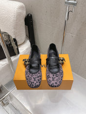LV 26S MARY JANE FLATS IN BLACK AND PURPLE MONOGRAM CANVAS WITH DOUBLE STRAP