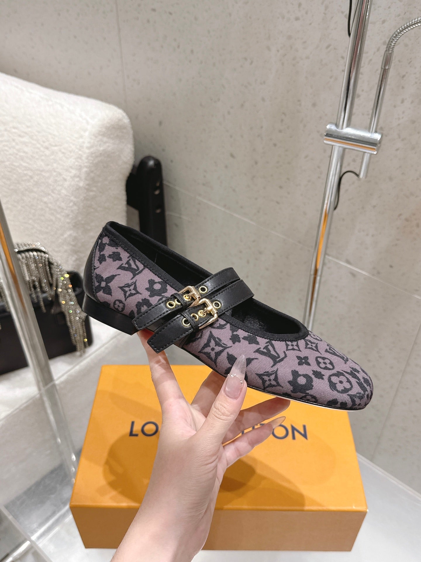 LV 26S MARY JANE FLATS IN BLACK AND PURPLE MONOGRAM CANVAS WITH DOUBLE STRAP