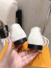 LV 26S MARY JANE FLATS IN WHITE AND PINK MONOGRAM CANVAS WITH DOUBLE STRAP