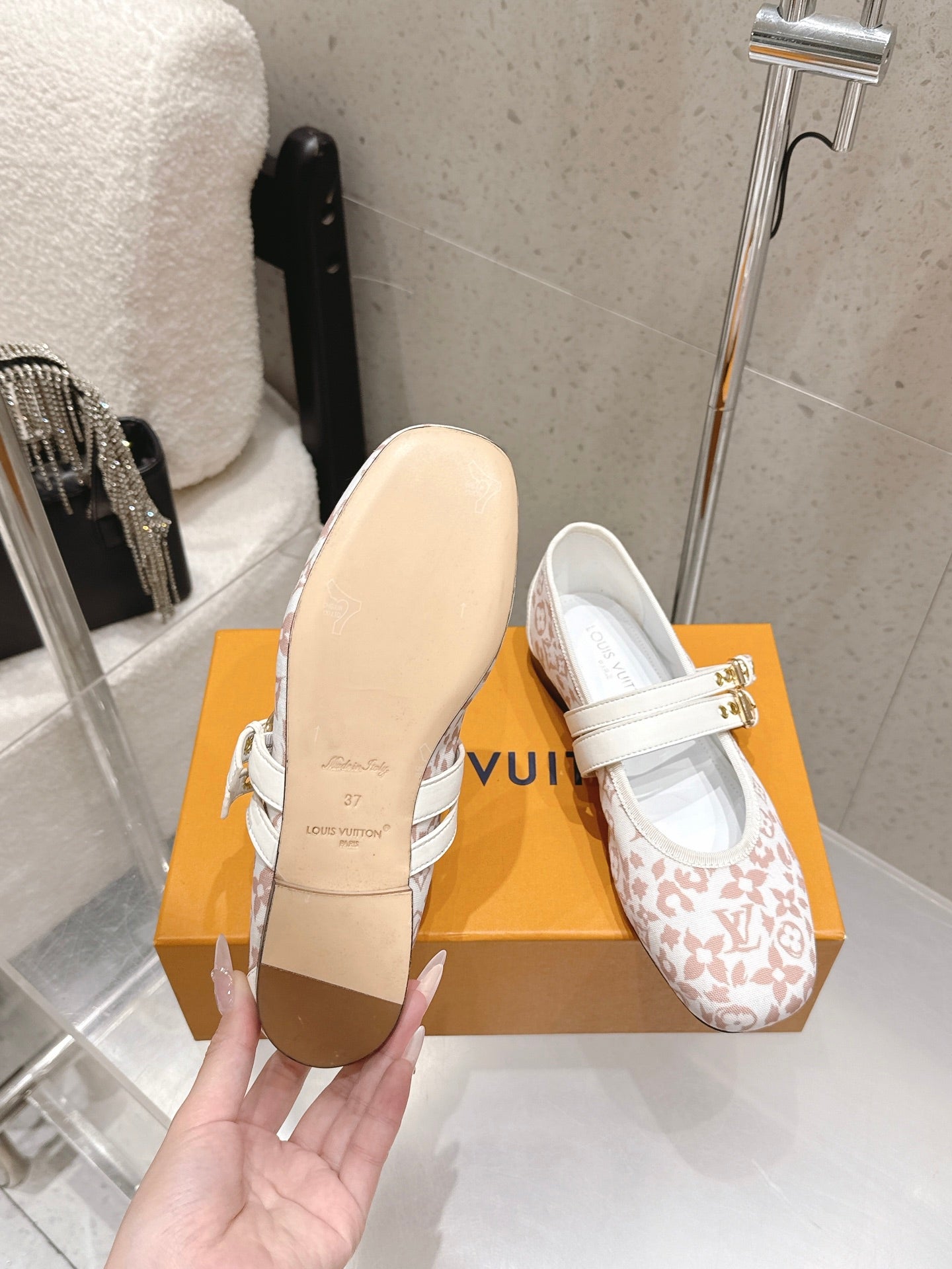 LV 26S MARY JANE FLATS IN WHITE AND PINK MONOGRAM CANVAS WITH DOUBLE STRAP