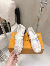 LV 26S MARY JANE FLATS IN WHITE AND PINK MONOGRAM CANVAS WITH DOUBLE STRAP