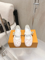 LV 26S MARY JANE FLATS IN WHITE AND PINK MONOGRAM CANVAS WITH DOUBLE STRAP