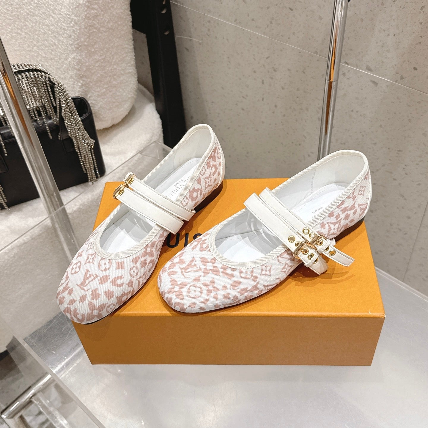 LV 26S MARY JANE FLATS IN WHITE AND PINK MONOGRAM CANVAS WITH DOUBLE STRAP