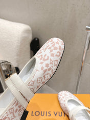 LV 26S MARY JANE FLATS IN WHITE AND PINK MONOGRAM CANVAS WITH DOUBLE STRAP
