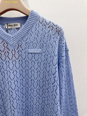 MIUMIU 26S V-NECK OPENWORK KNIT SWEATER 1299