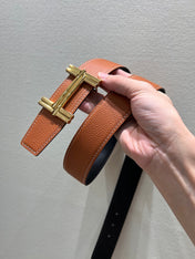 HM TRAVERSE BELT BUCKLE & REVERSIBLE BRONZE BROWN LEATHER STRAP 38 MM GOLD HARDWARE