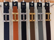 HM TRAVERSE BELT BUCKLE & REVERSIBLE BRONZE BROWN LEATHER STRAP 38 MM GOLD HARDWARE