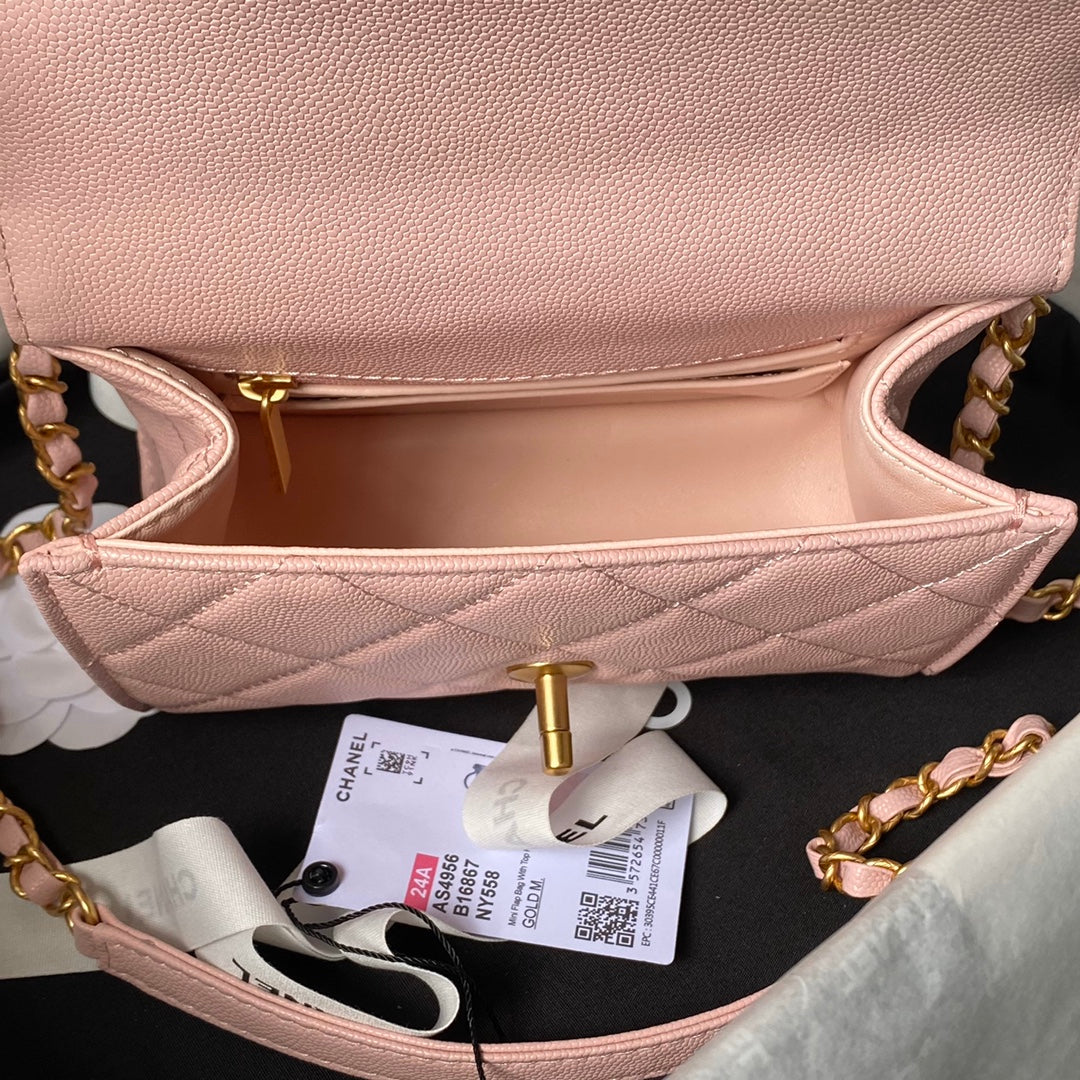 CHANEL 25S FLAP BAG 18 CM IN LIGHT PINK GRAINED LAMBSKIN WITH TOP HANDLE