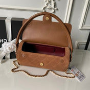 CHANEL 26S BARREL CLUTCH WITH CHAIN 23 IN CARAMEL BROWN SUEDE AND CALFSKIN GOLD HARDWARE