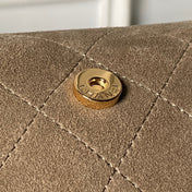 CHANEL 26S BARREL CLUTCH WITH CHAIN 23 IN DARK KHAKI BROWN SUEDE AND CALFSKIN GOLD HARDWARE