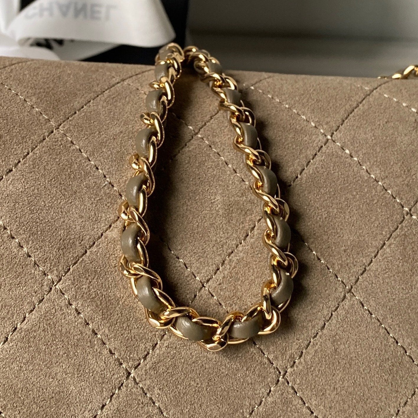 CHANEL 26S BARREL CLUTCH WITH CHAIN 23 IN DARK KHAKI BROWN SUEDE AND CALFSKIN GOLD HARDWARE