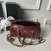 CHANEL 26S MINI TIMELESS CLASSIC BARREL BAG 19 IN BURGUNDY RED CROCODILE-EMBOSSED PATENT CALFSKIN GOLD HARDWARE