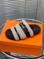 HM 25S SANDAL IN BEIGE WOOL AND DARK BROWN LAMBSKIN WITH SILVER HARDWARE