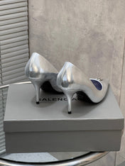 BALENCIAGA 25S HIGH-HEEL SHOES 85 MM IN SILVER COW LEATHER
