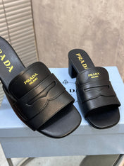 PRADA 26S BLOCK HEEL SLIDE SANDALS 60MM IN BLACK CALFSKIN WITH LOGO
