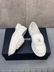CHANEL 26S LOAFERS IN WHITE CANVAS WITH QUILTED FLAP & CHAIN CC LOGO