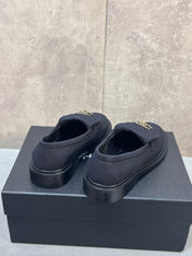 CHANEL 26S LOAFERS IN BLACK CANVAS WITH QUILTED FLAP & CHAIN CC LOGO