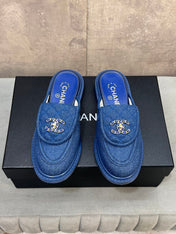 CHANEL 26S MULE LOAFERS IN BLUE DENIM WITH QUILTED FLAP & CHAIN CC LOGO