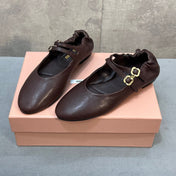 MIUMIU 26S DOUBLE STRAP MARY JANE FLATS IN DARK BROWN SHEEPSKIN