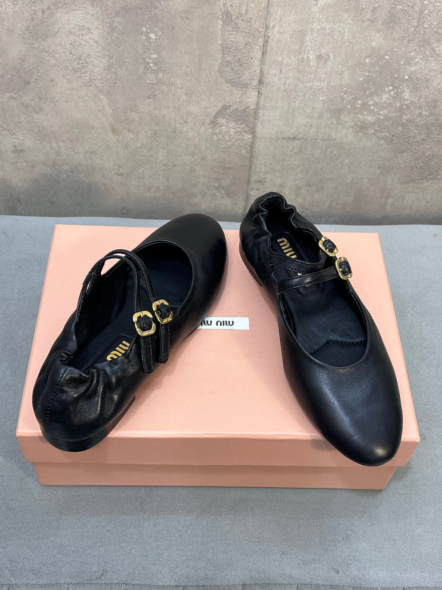 MIUMIU 26S DOUBLE STRAP MARY JANE FLATS IN BLACK SHEEPSKIN