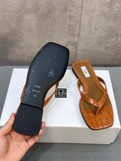 THE ROW 26S SQUARE TOE THONG SANDALS IN CARAMEL BROWN CROCODILE EMBOSSED CALFSKIN