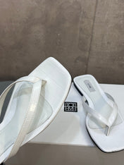 THE ROW 26S SQUARE TOE THONG SANDALS IN WHITE CROCODILE EMBOSSED CALFSKIN