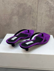 THE ROW 26S SQUARE TOE THONG KITTEN HEEL SANDALS 45MM IN PURPLE VELVET